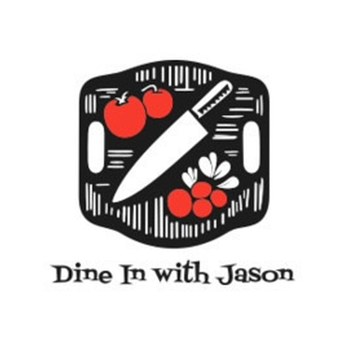 Dine In with Jason cutting board and chef's knife logo